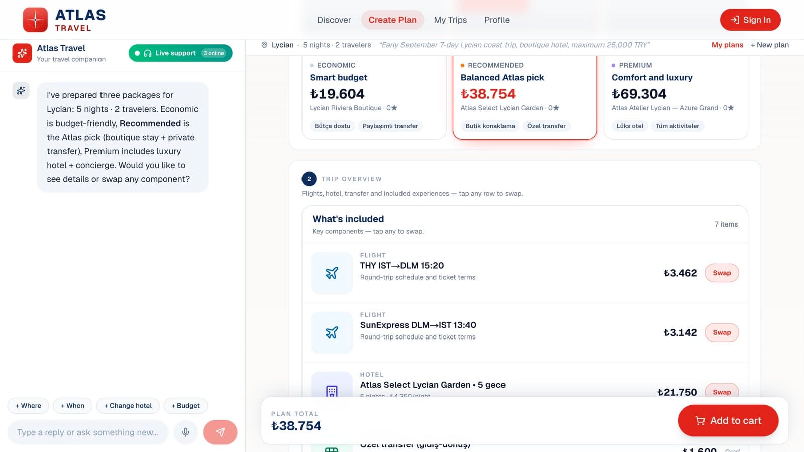 Atlas Travel planlama sayfasında Economic, Recommended ve Premium paketlerinin dolu karşılaştırma görünümü