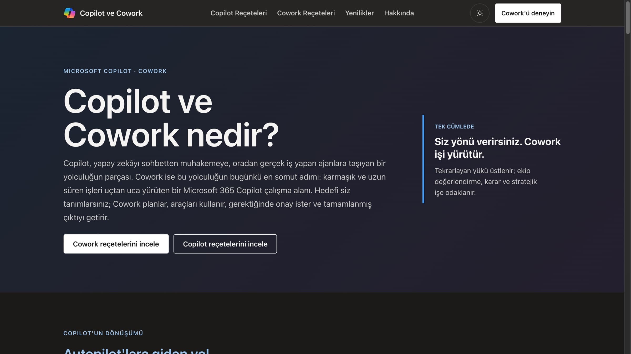 Copilot ve Cowork ana sayfasında ürün tanımı, rehber bağlantıları ve Cowork çalışma modeli